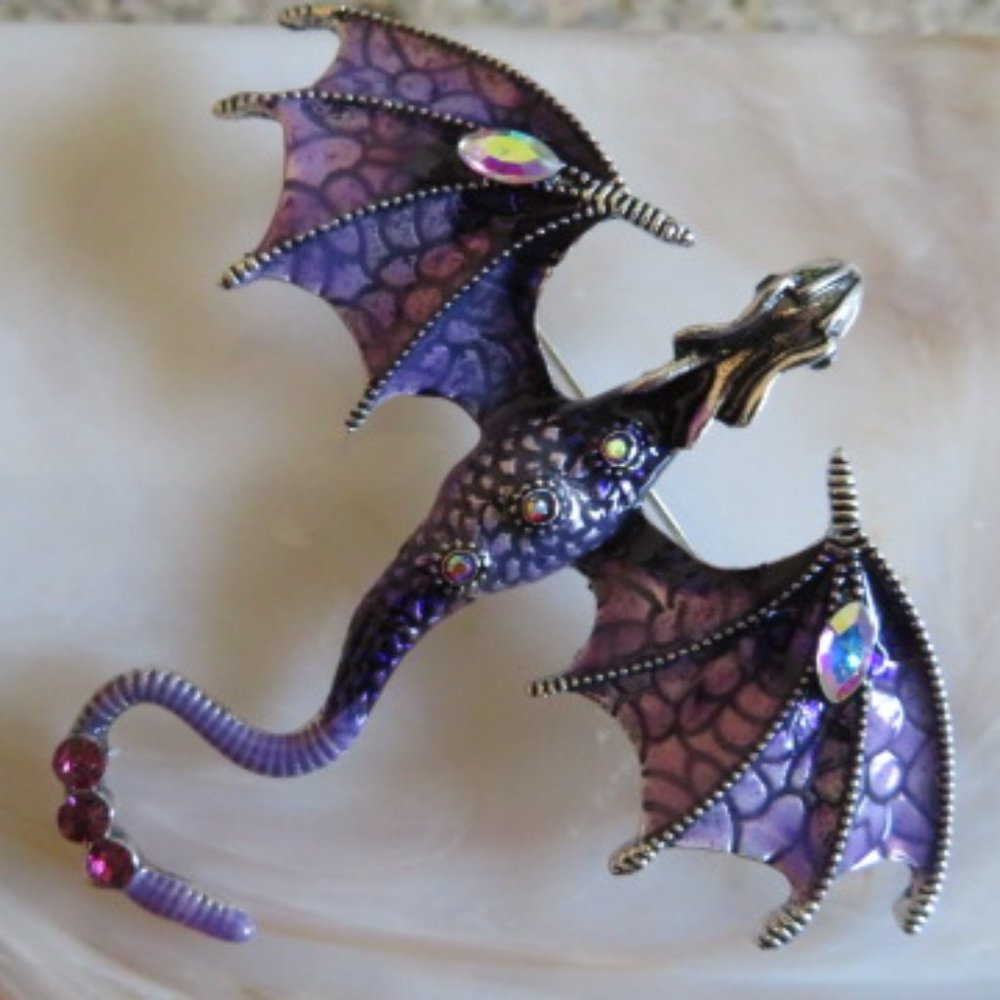 Dramatic DRAGON Purple & Silver BROOCH / Pendant Metal Alloy (K301)